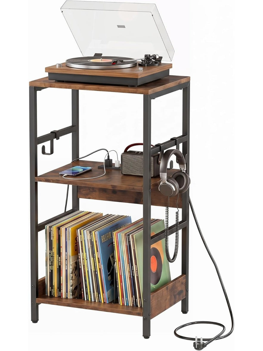 Stolik pod gramofon z miejscem na winyle, stacja ladowania, duza polka i 3 haczykami, szafka audio do salonu i gabinetu, 40 x 30 x 78 cm
