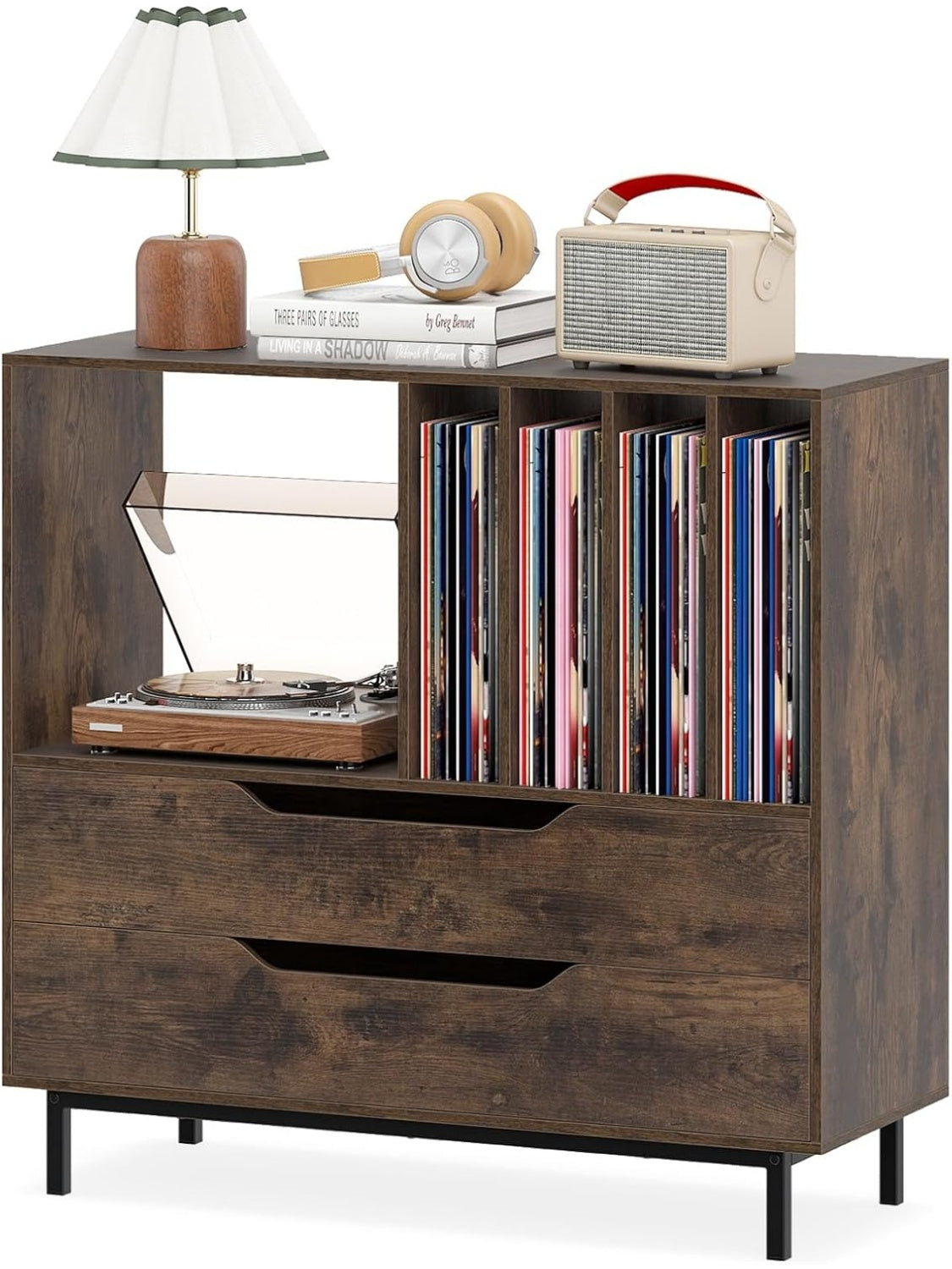 Retro stolik pod gramofon z otwarta polka, 4 przegrodami na winyle i 2 szufladami, szafka muzyczna do salonu i sypialni, brazowy